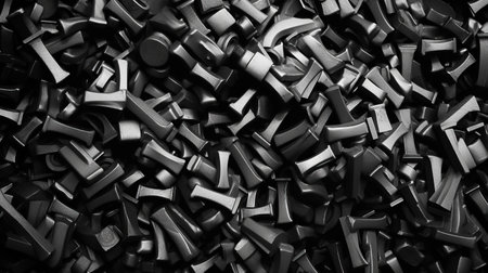 Black and white 3d rendering of a large group of black metal letters.の素材