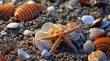 Seashells and starfish on the beach in the summerの素材