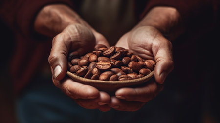 Close up of hands of senior man holding coffee beans in a bowl.の素材