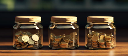 Coins in a glass jar on a wooden table. Saving money concept.の素材