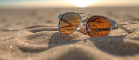 Sunglasses in the sand on the beach. 3d renderingの素材