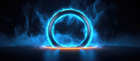 Glowing neon circle. Glowing circle on a dark background with smoke. Glowing circle on a dark background with smoke. 3d renderingの素材