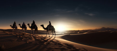 Camels in the Sahara desert at sunset, 3d render illustrationの素材