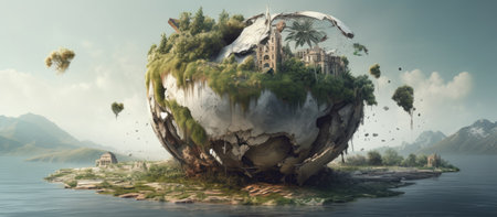 Fantasy landscape with a planet floating in the water. 3d renderingの素材