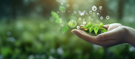 Close up of human hands holding sprout with green leaves on blurred backgroundの素材