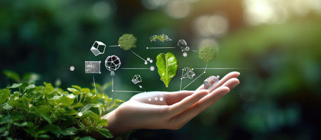 Concept of environmental conservation with green leaves in the palm of your handの素材