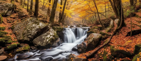 Beautiful waterfall in autumn forest with colorful leaves. Long exposure.の素材