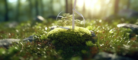 Wind turbine on green moss in forest. Alternative energy concept. 3d renderの素材