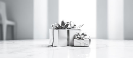 White gift box with silver ribbon bow on white marble table. 3D renderingの素材