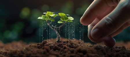 Ecology concept. Cropped image of male hand holding small green sprout growing on fertile soilの素材