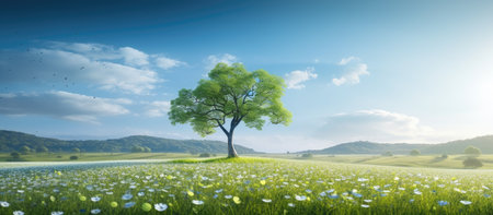 Beautiful spring landscape with green meadow and lonely tree on blue sky backgroundの素材