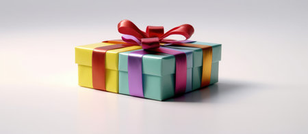 Colorful gift box with red ribbon on white background. 3D renderingの素材