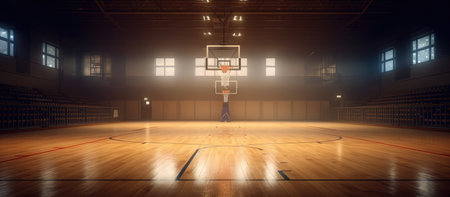 Basketball court in old school gym. 3d render illustration.の素材