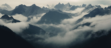 panoramic view of misty mountains in Himalayas, Nepalの素材
