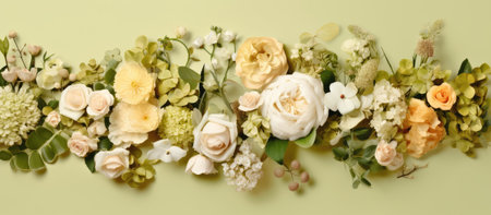 Flower arrangement on green background. Flat lay, top view.の素材