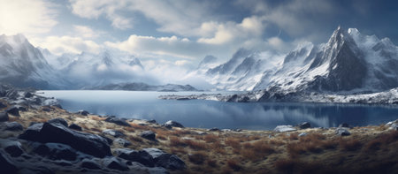 Panoramic view of snow-capped mountains and lake.の素材