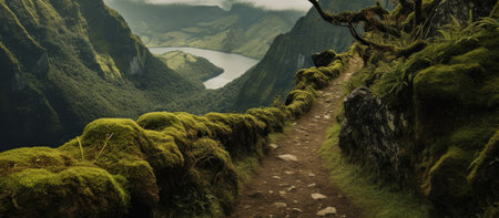 Panoramic view of a hiking trail in the Azores, Portugalの素材