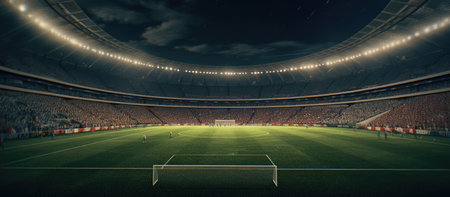 3D render of a large football stadium with bright lights and playersの素材