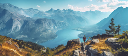 Hiker on the top of the mountain with a panoramic view of Lake Lucerne, Switzerlandの素材