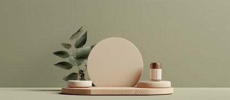 3d render of minimal product display podium with eucalyptus leaf.の素材