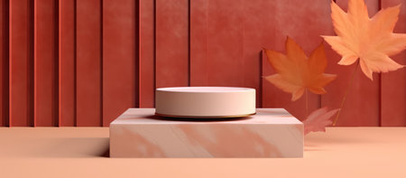 3d render of podium for product display with autumn leaves on the background.の素材