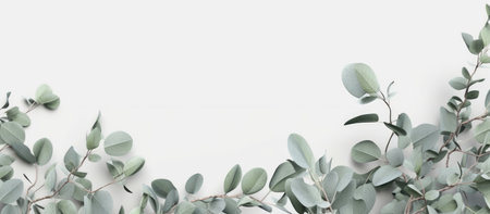 Eucalyptus branches on white background. Flat lay, top view.の素材