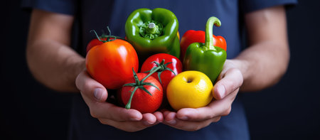 Man holding fresh vegetables in his hands, concept of healthy eating.の素材