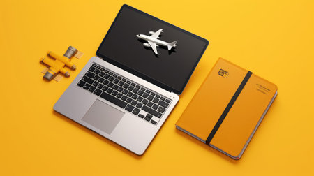 Top view of laptop, smartphone and airplane on yellow background. 3d rendering.の素材