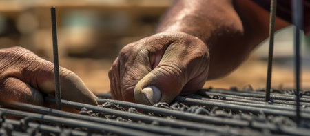 Close-up of the hands of a worker working on a construction siteの素材