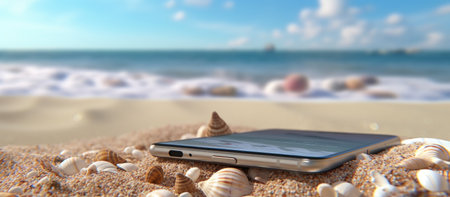 Smartphone on the beach with seashells. 3d renderingの素材