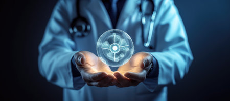 Close view of a doctor holding in palm a glowing medical interface 3D renderingの素材