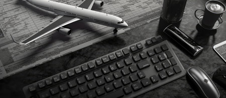 Travel and tourism concept. Airplane model, keyboard, mouse, cup of coffee, map and notebookle table.の素材