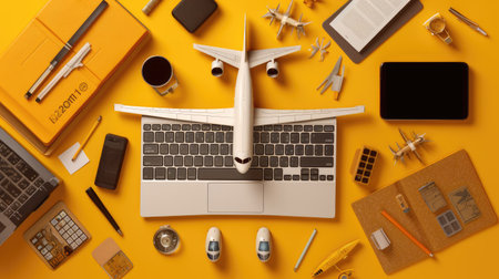 Top view of travel and vacation concept. Laptop computer, coffee cup, passport, airplane model, stationery and accessories on yellow background.の素材
