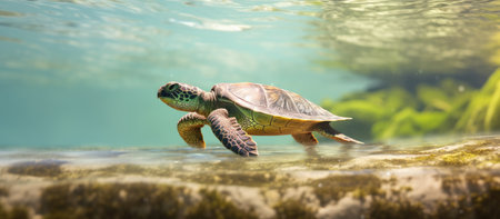 Green sea turtle swimming in the water. Panoramic view.の素材
