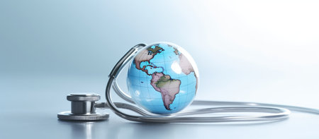 Stethoscope and globe. 3d illustration. Global healthcare conceptの素材