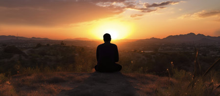 Silhouette of a man meditating on a mountain at sunsetの素材