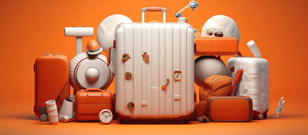 3d rendering of a group of traveling suitcases on orange backgroundの素材