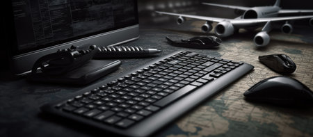 Close-up of a desk with a computer keyboard, mouse and other accessoriesの素材