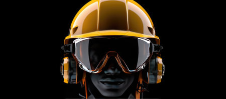 Safety helmet and goggles on a black background. 3d illustration.の素材