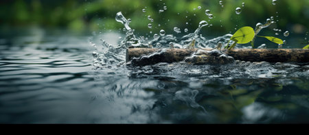 Water splash with wood stick and green leaves on dark water background.の素材