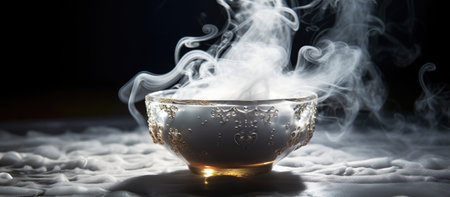 Transparent cup of hot tea with steam on a dark background.の素材