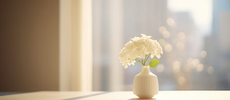 White hydrangea flowers in vase on windowsill.の素材
