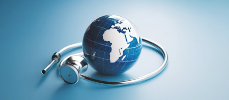Stethoscope and globe on blue background. 3D rendering.の素材