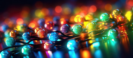 Close up of christmas lights on colorful bokeh background.の素材