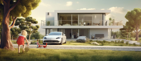 Cars and people in front of their new house. 3D renderingの素材