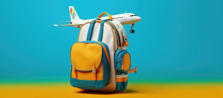 3d rendering of a backpack and a plane on a blue backgroundの素材