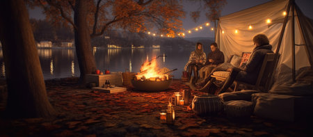 Camping on the bank of a lake in the autumn evening.の素材