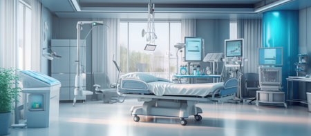 3d rendering of a modern hospital room with bed and equipment.の素材
