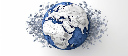 3d rendering of earth globe with leaves around it in white backgroundの素材