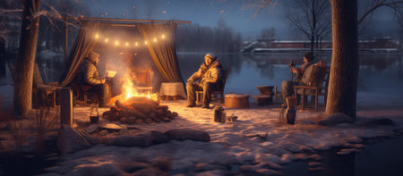 A man and a woman on a winter picnic near the campfire.の素材